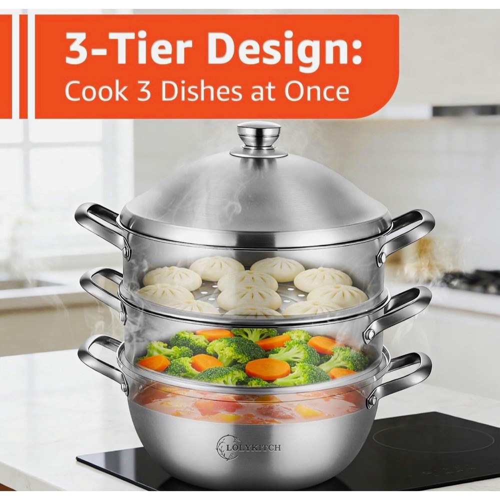 LOLYKITCH 3-Tier Stainless Steel Stockpot Steamer w/Lid, Tri-Ply Bottom